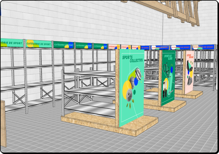 Vue 3D des rayons de la boutique sportive avec signalétique