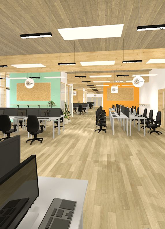 Vue 3D de l'espace co-working par nos architectes d'intérieur