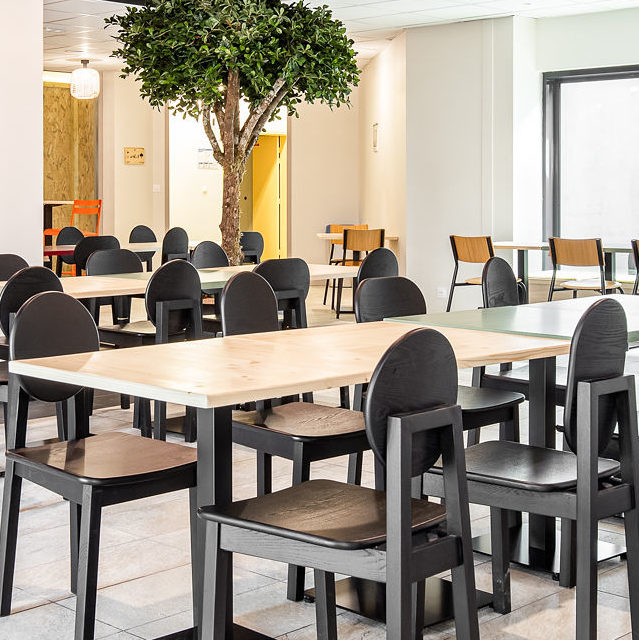 Vue de l'espace repas global : chaises et tables de réemploi, arbres en pot et kitchenette.